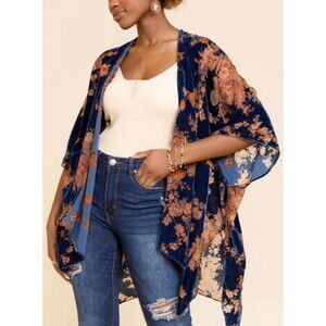World Market Sheer Velvet Burnout Kimono Floral Navy  Blue Brown Boho Festival
